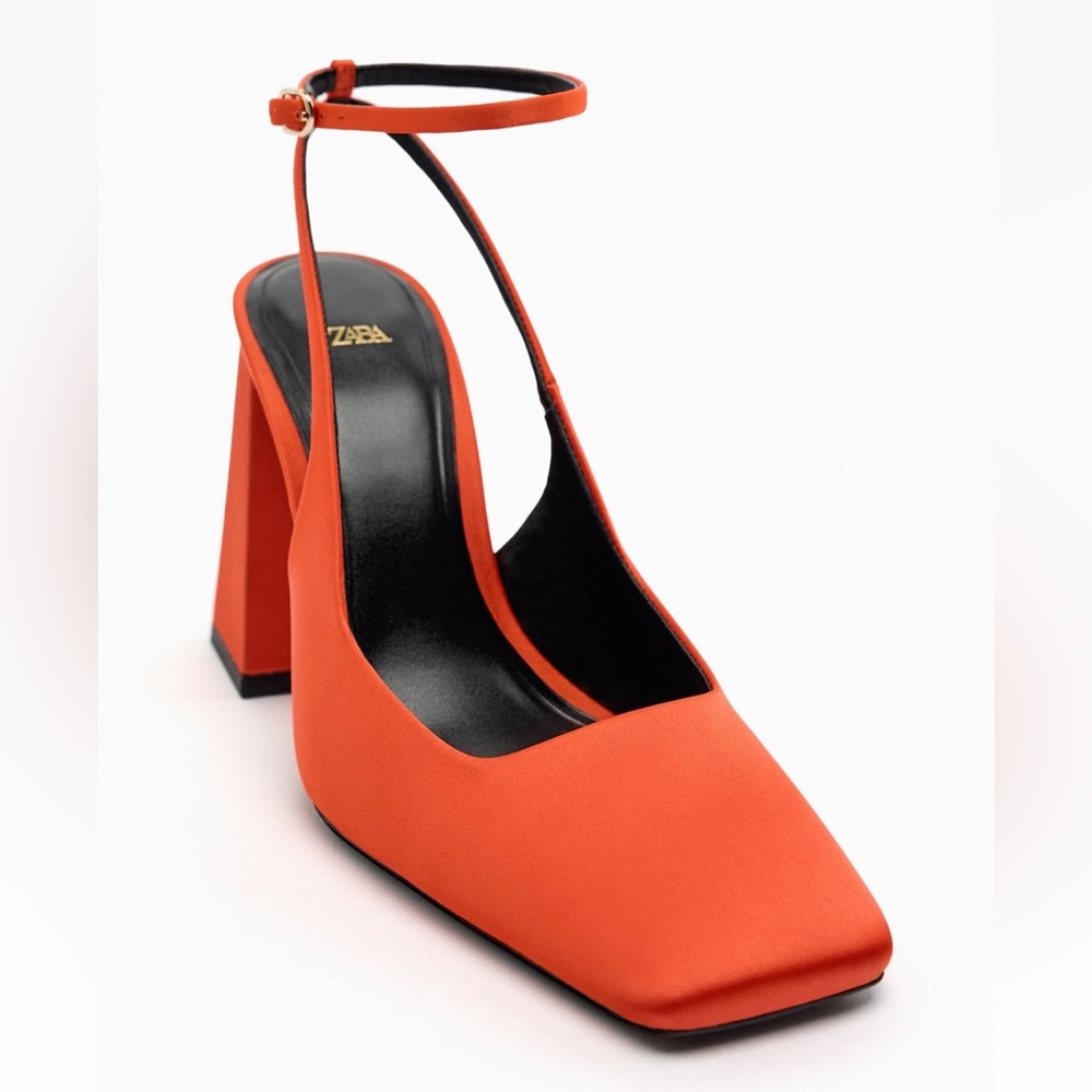 Zara SATIN EFFECT HEELED SLINGBACKS. Orange. Size 6.5. New with Tags. - Picture 6 of 6